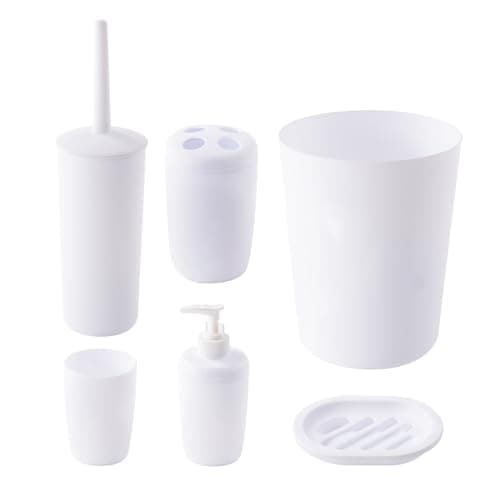 Image of The Cleaning Expert 6 Piece Bathroom Accessory Set - Modern Bathroom Set with Bin, Soap Dispenser, Soap Dish, Tumbler, Toilet Brush Holder & Toothbrush Holder - Grey or White (White)
