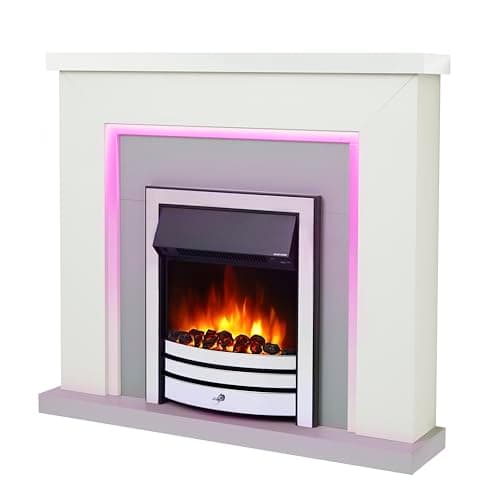 Image of Endeavour Fires Bempton 42" Electric Fireplace Suite with Flame Effect & Coal Bed, Remote Control, Custom Surround, 13-Colour LED Lighting, Eco Heater, White Top/Grey Hearth/Chrome Fire