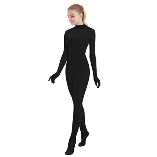 Image of SUPRNOWA Women's Jumpsuit Bodycon Full Body Footed Unitard Long Sleeve Bodysuit with Zipper Comfortable Spandex One-Piece Dance Costume (L, Black Footed with Hand)