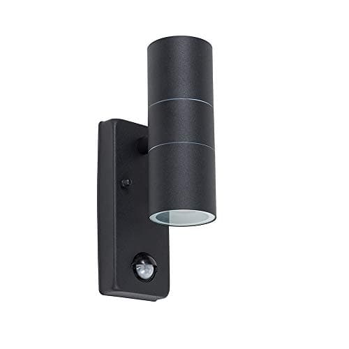Image of MiniSun | Modern Matt Black Up/Down Security Wall Light with PIR Motion Sensor | Outdoor Wall Lights, Home Décor & Improvement Essential | Includes 2 x 5W GU10 Cool White LED Bulbs | Mains Wired