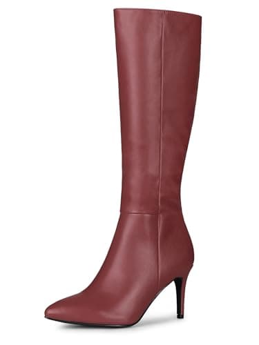 Image of Allegra K Women's Pointed Toe Stiletto Heel Knee High Boots Burgundy 6 UK/Label Size 8 US