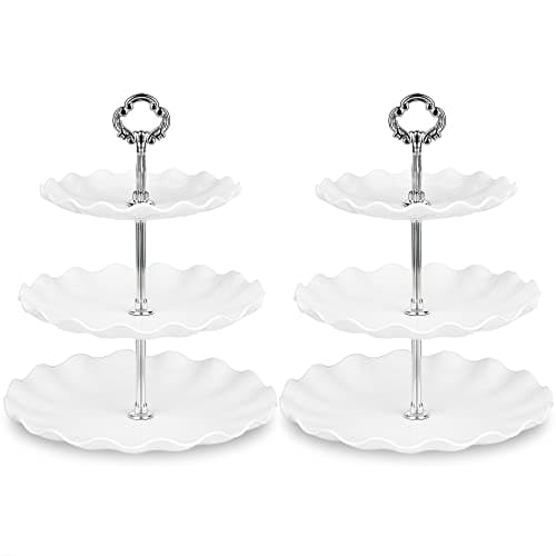Image of NWK Pack of 2 Large Stable 3-Tier Cupcake Stand 30cm Height Plastic Cake Stand Food Round Display for Wedding Birthday Graduation Afternoon Tea Party (Silver, Large)