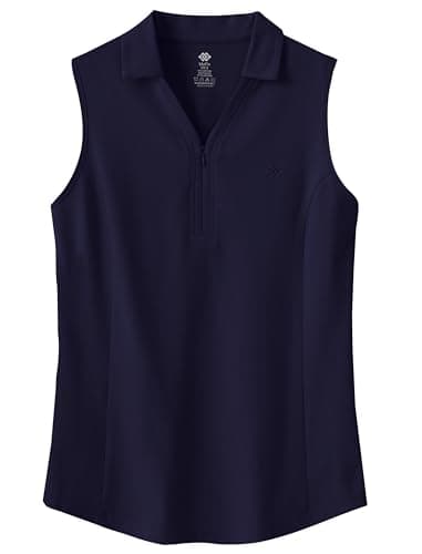 Image of JINSHI Women's Sleeveless Polo Shirts V-Neck Cotton Golf Tennis Work Sleeveless Top Navy Size M