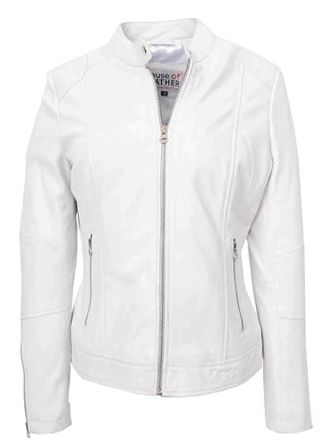 Image of Womens Real Leather Biker Jacket Zip up Casual Connie White 16