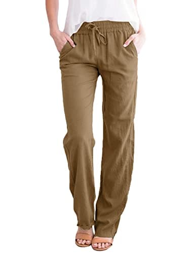 Image of Voqeen Womens Trousers Casual Cotton Linen Pants Summer Drawstring Elastic Waist Pants with Pockets Lightweight Comfy Straight Trousers Dark Khaki