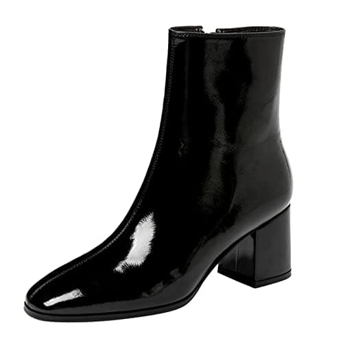 Image of XINSDOAKK Ankle Boots for Women Patent Pointed Toe Booties Solid Chunky Heel Boots Leisure Side Zipper Boots Retro Look Short Boots Fancy Dress Party Shoes Mid Block Heels