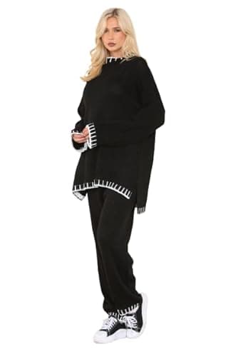Image of Crazy Girls Women’s Knitted Oversized Winter Warm Co-Ord Tracksuit Sets Ladies Long Sleeve Knitwear Jumper 2 Pcs Set Size UK 8-16 (UK, Alpha, One Size, Regular, Regular, Black)
