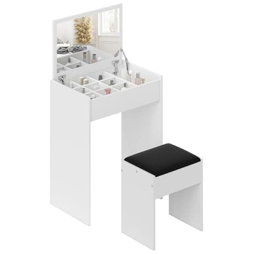 Image of HOMCOM Dressing Table with Mirror and Stool, Vanity Makeup Table with Flip Up Mirror, Vanity Desk with Storage Unit and Padded Seat, White