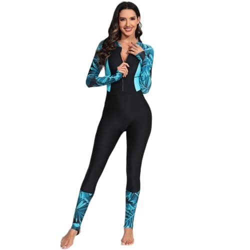 Image of IMEKIS Women Full Body Rash Guard Swimsuit Long Sleeve Tropical One Piece Swimwear Padded Modest Swimming Costume UV UPF 50 Zipper Up Surfing Bathing Suit Beachwear Black M
