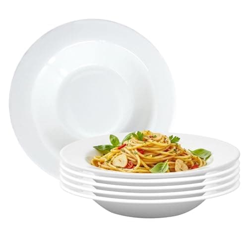 Image of UNIQUE HOME LIVING Pasta Plate Set of 6, 22cm White Zenix Glass Round Deep Plates for Pasta Soup Salad, Dinner Party Food Serving Dishes, Lightweight & Durable, Stackable, Dishwasher Safe