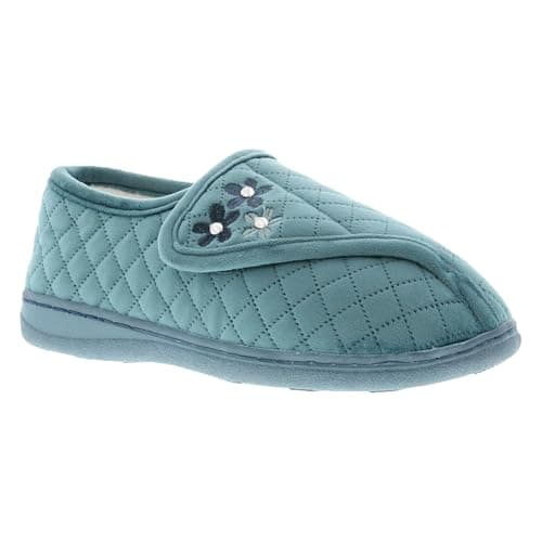 Image of MyShoeStore Dr Keller Orthopaedic Slippers Women's Wide Fit with Touch Fastening, Faux Fur Lined, Suede Upper, Turquoise, 8 UK