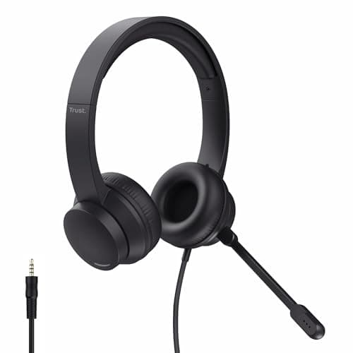 Image of Trust Roha II Lightweight On Ear PC Headset with Mic 3.5mm, 1.8m Cable, Adjustable Headband, Wired Headphones with Microphone for Computer Laptop Desktop Mac Home Office Zoom Teams, Black