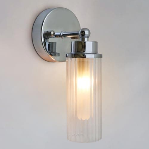 Image of Long Life Lamp Company Ribbed Glass Bathroom Wall Light Polished Chrome Slim Side Mirror Lights IP44 H3136