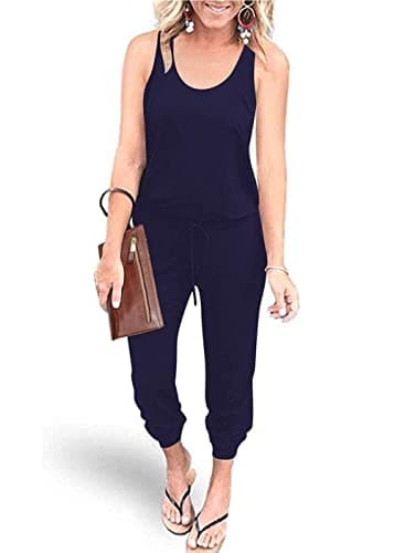 Image of YUNDAI Womens Jumpsuits One Piece Casual Off Shoulder Playsuit Sleeveless Overalls Elastic Waist Stretchy Romper with Pockets Small,Navy Blue