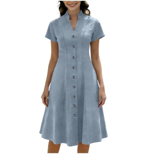 Image of Zeiayuas Denim Dresses for Women Summer Casual V Neck Midi Dress Bitton Down Y2k Streewear Short Sleeve A-Line Pleated Dress Beach Sundress Sexy Ladies Trendy Tunic Dresses Light Blue