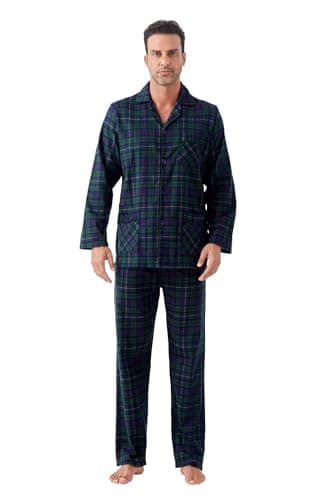 Image of GLOBAL Mens Pyjama Sets 100% Cotton Soft Flannel Pjs Long-Sleeve Top Elastic and Drawstring Bottoms Green L