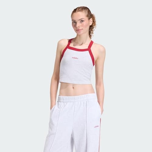 Image of adidas Women's Seasonal Essentials Colorpop Tank with Embroidered Graphic, Light Grey Heather/Active Maroon, XS