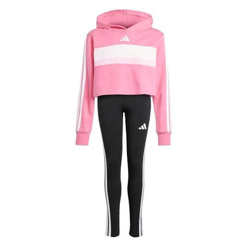 Image of adidas Girl's SEASONAL ESSENTIALS TIBERIO 3 STRIPES FLEECE LEGGINGS SET, pink fusion/white/clear pink, 13-14 Years