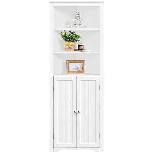 Image of Yaheetech Tall Bathroom Corner Cabinet, Freestanding Cabinet with Adjustable Shelves and 2 Enclosed Doors for Living Room Kitchen,163cm Height