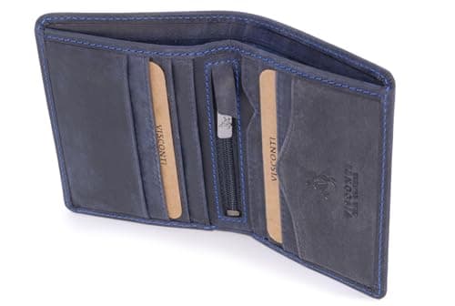 Image of VISCONTI - Men's Small Bifold Leather Wallet - RFID Protected - 6 Credit Card Slots, Note Section & Coin Pocket - Gift Boxed - 705 Arrow - Oil Blue