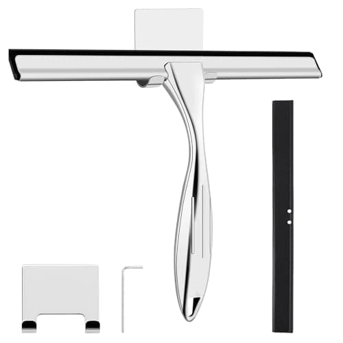 Image of wlich Shower Squeegee, 10 Inch Stainless Steel Window Squeegee Cleaner for Shower Glass Door with Hook, Shower Screen Wiper for Bathroom, Window,Mirror and Car Glass