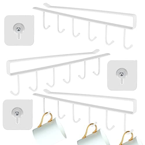 Image of Fulushouxi 3 Pcs Cup Holder Under Cabinet, Kitchen Coffee Tea Cup Mug Holders with 6 Hook, Under Shelf Cabinet Cupboard Glasses Storage Drying Rack Holder with Adhesive Screws - White