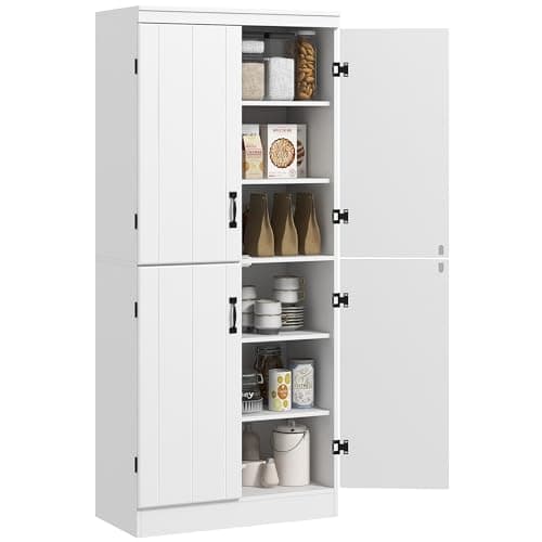 Image of HOMCOM 4-Door Tall Kitchen Cupboard, Freestanding 6-Tier Storage Cabinet with 2 Adjustable Shelves for Living Room, Dining Room, White