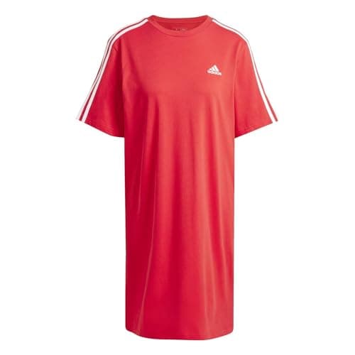 Image of adidas Women's Essentials 3-Stripes Single Jersey Boyfriend Tee Dress, Better Scarlet, S
