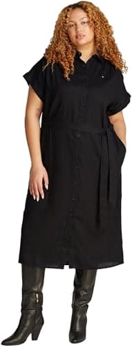 Image of Tommy Hilfiger Women’s Belted Midi Shirt Dress, Black (Black), 20