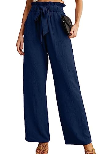 Image of IWOLLENCE Navy Wide Leg Trousers for Women UK Palazzo Trousers Elasticated High Waist Ladies Work Casual Pleated Paperbag Pull On Trousers