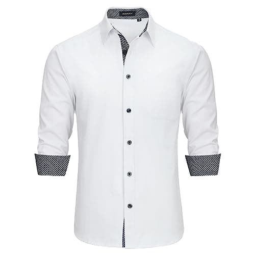 Image of HISDERN Mens Shirts White Black Long Sleeve Shirt for Men Formal Button Shirts Causal Regular Fit Dress Shirt L