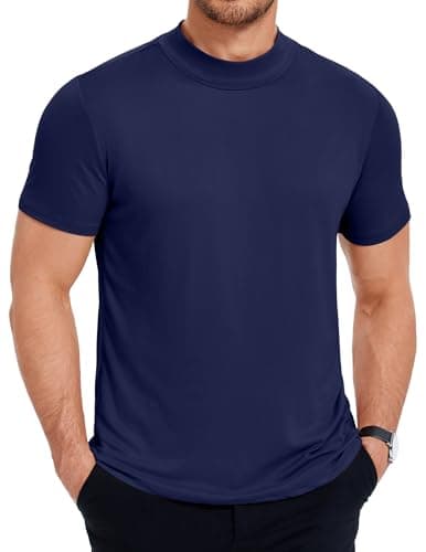 Image of COOFANDY Turtle Neck T Shirts for Men High Neck T Shirt Slim Fit Summer Tee Shirt Casual Undershirt Solid Color Basic Round Neck T-Shirts Navy Blue L