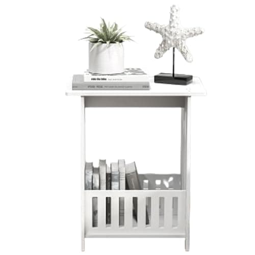 Image of Side End Table with Storage Shelf Basket, 34x22x40cm Morden Thin Side Table Small Bedside Tables PVC Nightstand with Magazine Rack for Living Room, Bedroom, Sofa, Small Space, White