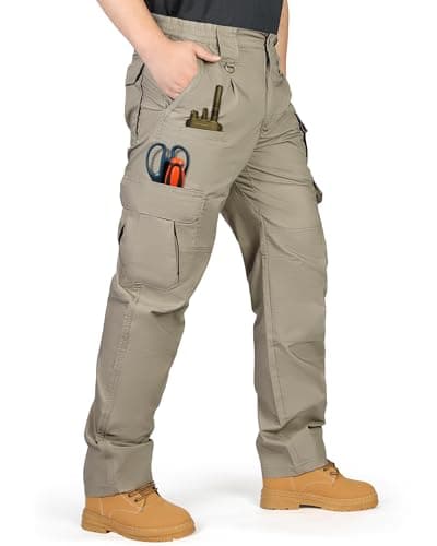 Image of IGOLUMON Mens Work Trousers Cargo Trousers Stretch Tactical Pants Multi-Pockets with Semi Elasticated Waist for Hiking Casual Outdoor Camping Khaki 34W/32L