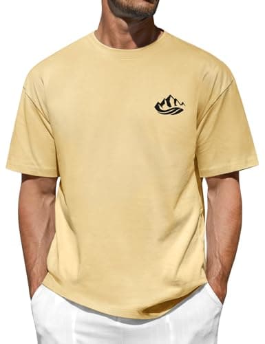 Image of Xnova Mens Tshirts with Mountains Pattern Printed, Short Sleeve T-Shirt Original Tee Crew Neck Versatile Soft Basics Casual Tops for Man (Khaki, M)