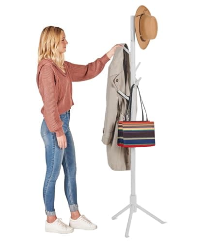 Image of MEILEWLE Coat Stand, Coat Rack Freestanding, Coat Tree, w/ 6 Hooks and 3 Adjustable Size Solid Wood Coat Rack Stand easy to assemble for Bedroom, Hallway, Entrance, Office, for Hat,Coats (02 - White)