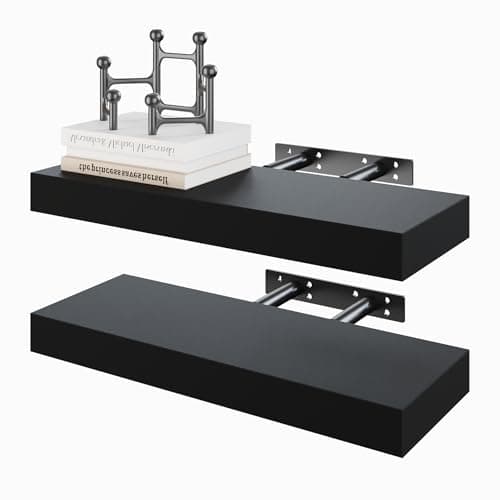 Image of BAMEOS Floating Shelves - Black Wall Mounted Wooden Shelves with Invisible Brackets, Set of 2, Decorative Hanging Shelves for Bedroom, Bathroom, Living Room, Kitchen