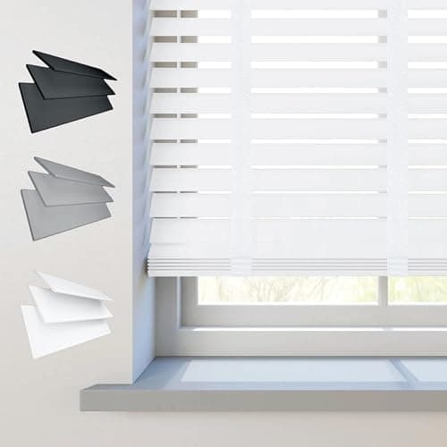 Image of REHAN & CO Faux wood window Venetian Blinds 50mm Slats with String/Tape Blinds Aluminium Headrail Trimmable Child Safe Home Office Window Blind (White Tape, 60Wcm x 150Hcm)