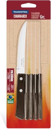 Image of Tramontina 6 Piece Steak/Pizza Knife Set, Brown Colour, Sharp Knife Set with Wooden Handles, ‎Camping, Kitchen, Rustic, Dishwasher Safe, 5-Inches, 29899155