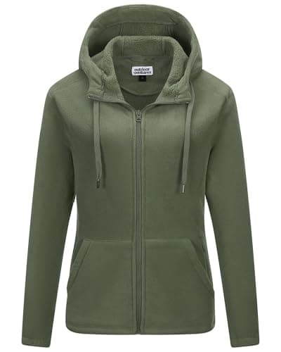 Image of Outdoor Ventures Womens Fleece Jackets with Hood Ladies Warm Full Zip Coat With 6 Large Pockets Long Sleeve Casual Sweater Soft Outerwear Jacket for Hiking Walking Travelling Sport Greyish-green XS