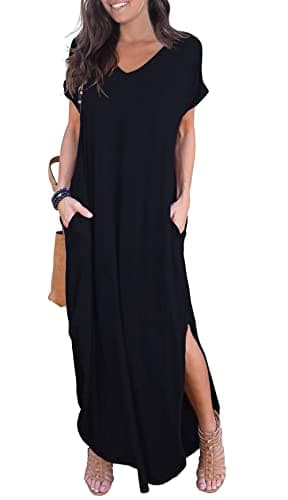 Image of GRECERELLE Women Maxi Long Dress Summer Casual Beach Boho Short Sleeve V Neck Maxi Dresses with Pocket (Black, XL)