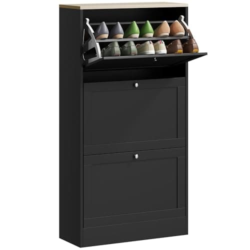 Image of HOMCOM Shoe Cabinet with 3 Flip Drawers, Narrow Shoe Storage Cabinet, Freestanding Slim Shoe Rack for Entryway, Hallway, Black