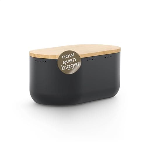 Image of LARS NYSØM Bread Box I Metal bread box for long lasting freshness with non-slip pads I Baked goods Bin with bamboo lid usable as cutting board I 34.5x18.5x15.8cm (Midnight Black)