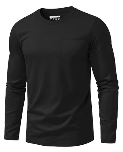 Image of EKLENTSON Men Long Sleeve Tee Shirt Cotton Pocket Casual Shirts Breathable Lightweight Crew Neck Work Tops Black XXXL