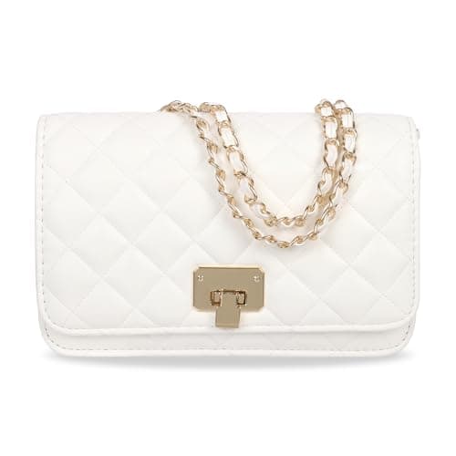 Image of Jiusely Ladies Crossbody Bags Quilted Designer Handbags, White Evening Clutch Small Flap Shoulder Bag with Chain Strap PU Leather Phone Bags for Daily Life Banquet Walk Holiday Night Out Shopping