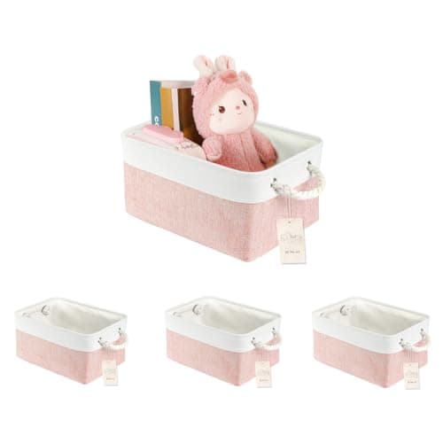Image of JUNLAI 4 Pcs Storage Baskets with Handles, Foldable Small Storage Boxes, Fabric Wardrobe Storage Basket for Office & Home, Book, Clothes, Toys（Pink and White, Small）