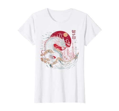 Image of Japanese Tokyo Rising Dragon Great Wave Off Kanagawa Kanji T-Shirt, Women, White, 3X-Large