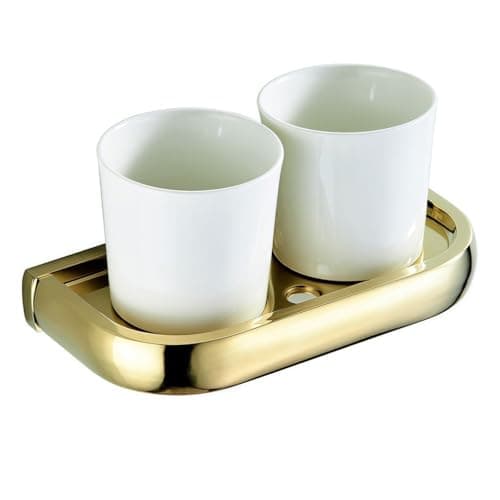 Image of Bathroom Toothbrush Tumbler Holder with Glass Cup Wall Mounted, Brass Bathroom Accessories Double Toothbrush Holder Cup Holder with Two White Ceramic Tumbler for Bathroom,Gold