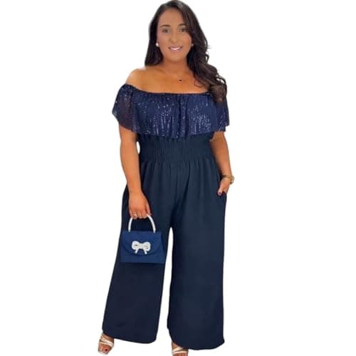 Image of Crazy Fashion Women’s Off Shoulder Sequin Jumpsuit – Wide Leg New Year Party Evening Outfit, Elegant Sparkle Bardot Playsuit for Christmas & Special Occasions UK (Navy Blue, UK Size 8-20)