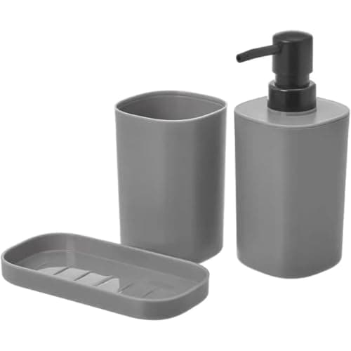 Image of Envenzo Bathroom Set Accessories 3Pcs Soap dispenser Toothbrush Holder Cup Soap dish, Set of 3 Bathroom Accessories, Bathroom Decoration in PP, Modern and Practical Design (Grey)